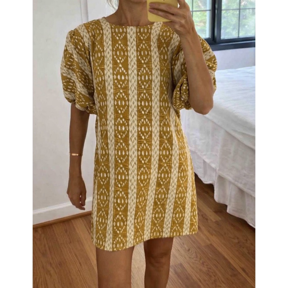 Matin Studio Embroidered Cotton Mini Dress Mustard Puff Sleeve AU 6 US 2